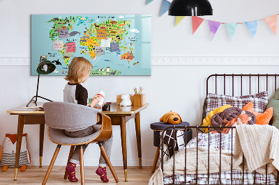 Pizarra borrable de cristal con imanes Mapa del mundo con ubicaciones de fotos