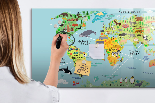 Pizarra borrable de cristal con imanes Mapa del mundo con ubicaciones de fotos