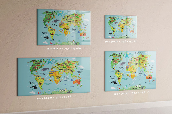 Pizarra borrable de cristal con imanes Mapa del mundo con ubicaciones de fotos
