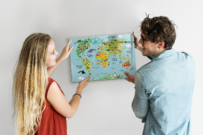 Pizarra borrable de cristal con imanes Mapa del mundo con ubicaciones de fotos