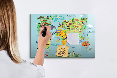 Pizarra borrable de cristal con imanes Mapa del mundo con ubicaciones de fotos