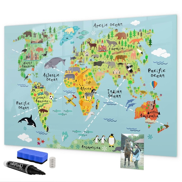 Pizarra borrable de cristal con imanes Mapa del mundo con ubicaciones de fotos
