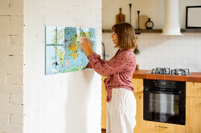 Pizarra borrable de cristal con imanes Mapa del mundo con ubicaciones de fotos
