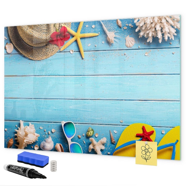 Pizarra magnética de pared con rotulador Recuerdos de verano sobre un fondo azul