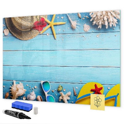 Pizarra magnética de pared con rotulador Recuerdos de verano sobre un fondo azul