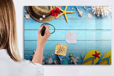 Pizarra magnética de pared con rotulador Recuerdos de verano sobre un fondo azul