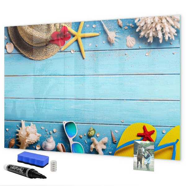 Pizarra magnética de pared con rotulador Recuerdos de verano sobre un fondo azul