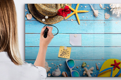 Pizarra magnética de pared con rotulador Recuerdos de verano sobre un fondo azul