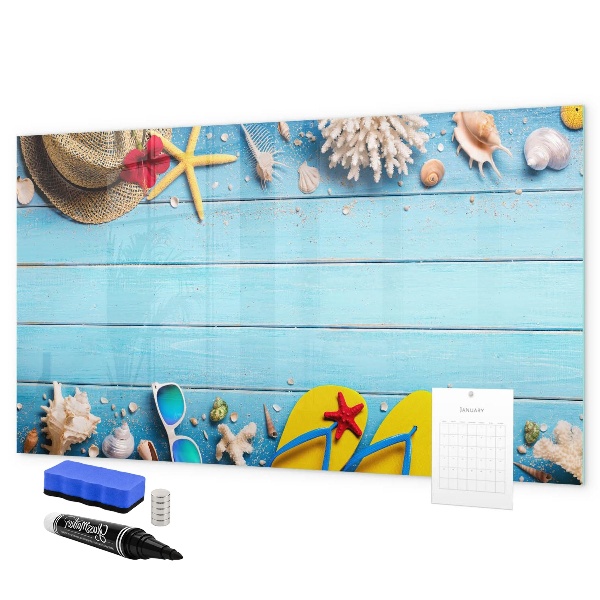 Pizarra magnética de pared con rotulador Recuerdos de verano sobre un fondo azul