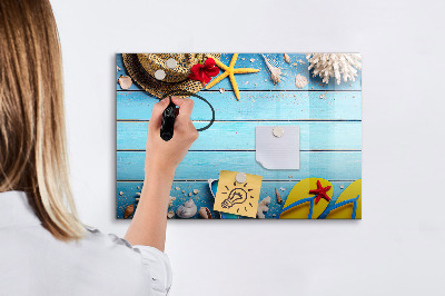 Pizarra magnética de pared con rotulador Recuerdos de verano sobre un fondo azul
