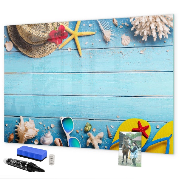 Pizarra magnética de pared con rotulador Recuerdos de verano sobre un fondo azul