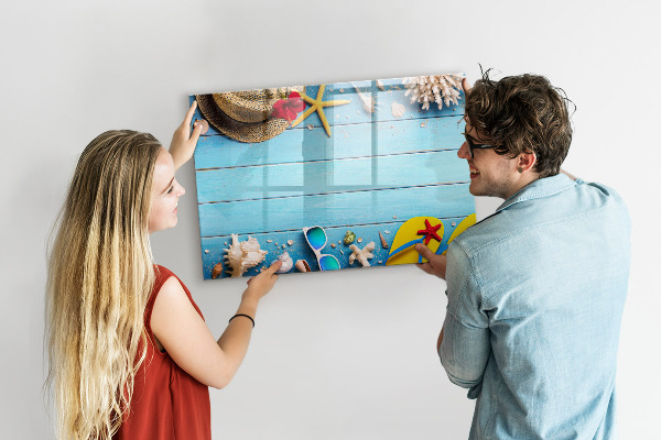Pizarra magnética de pared con rotulador Recuerdos de verano sobre un fondo azul