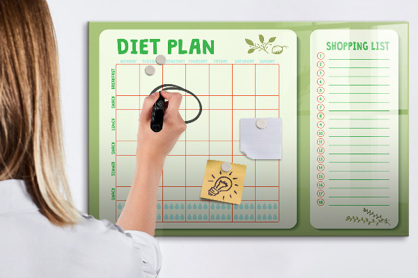 Pizarra borrable de cristal con imanes Plan de alimentación y lista de la compra