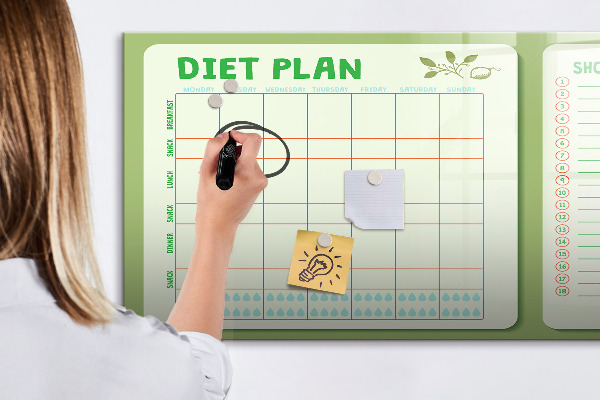 Pizarra borrable de cristal con imanes Plan de alimentación y lista de la compra