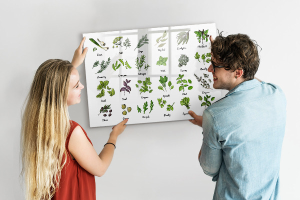 Pizarra magnética de pared con rotulador Hierbas y fotos en un mismo lugar.