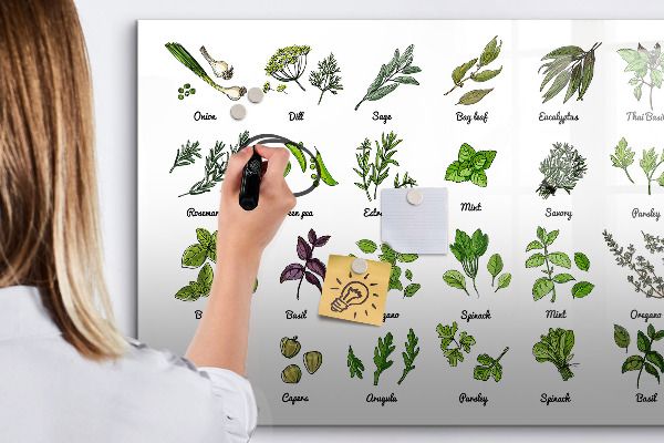 Pizarra magnética de pared con rotulador Hierbas y fotos en un mismo lugar.