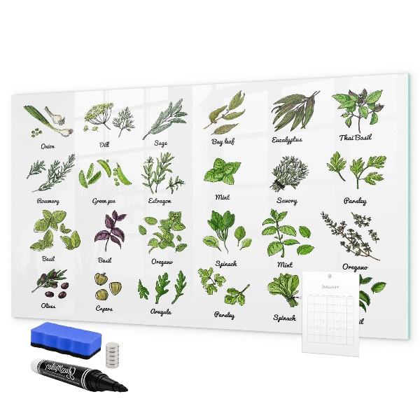 Pizarra magnética de pared con rotulador Hierbas y fotos en un mismo lugar.