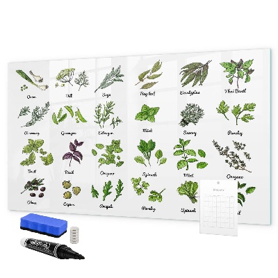 Pizarra magnética de pared con rotulador Hierbas y fotos en un mismo lugar.
