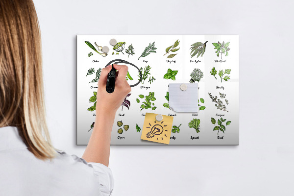 Pizarra magnética de pared con rotulador Hierbas y fotos en un mismo lugar.