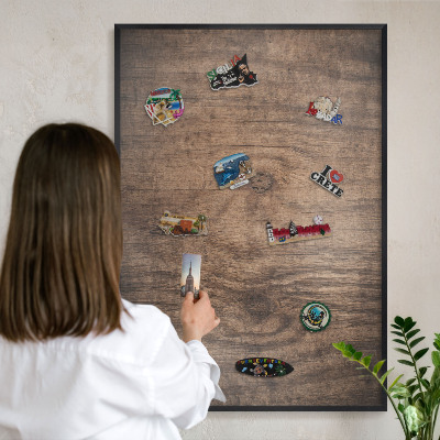 Pizarra magnética para colección de imanes con marco negro Textura de madera