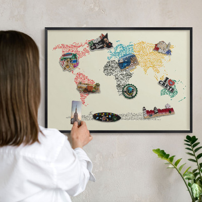 Pizarra magnética para colección de imanes con marco negro Mapa del mundo