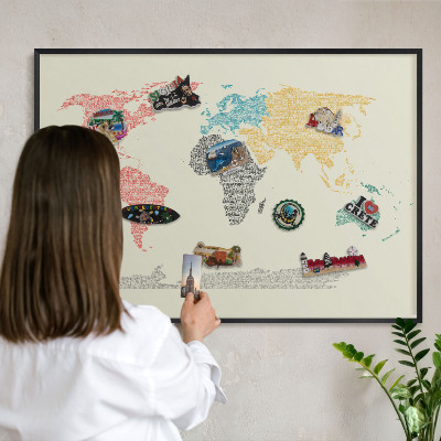 Pizarra magnética para colección de imanes con marco negro Mapa del mundo