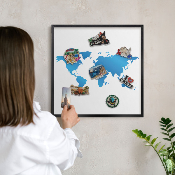 Pizarra magnética para colección de imanes con marco negro Mapa del mundo