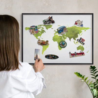 Pizarra magnética para colección de imanes con marco negro Mapa verde