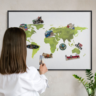 Pizarra magnética para colección de imanes con marco negro Mapa verde