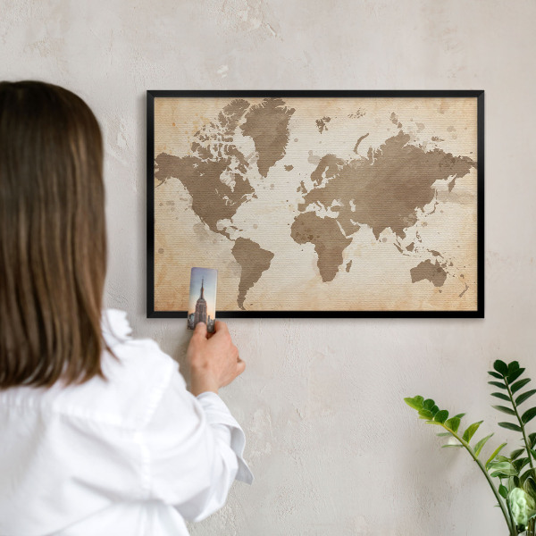 Tablero magnético impreso con marco en color negro Mapa del mundo