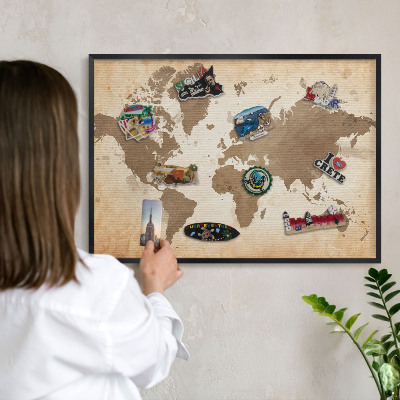 Tablero magnético impreso con marco en color negro Mapa del mundo