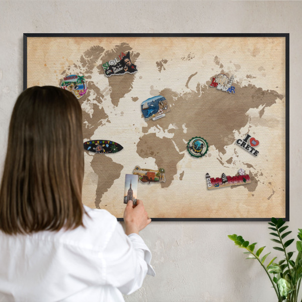 Tablero magnético impreso con marco en color negro Mapa del mundo