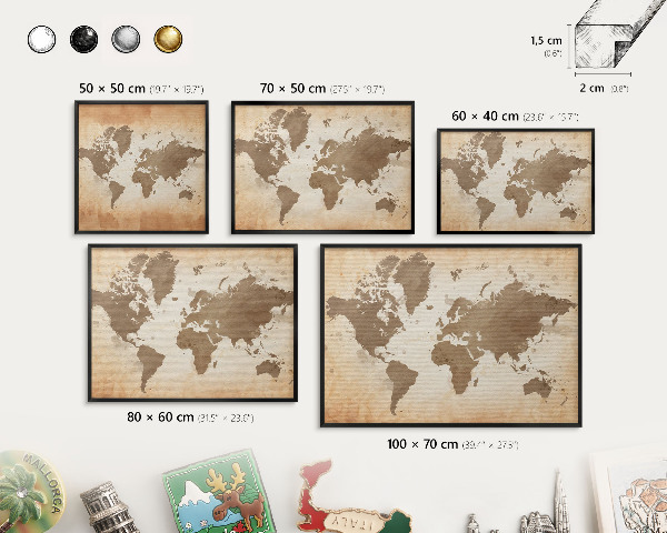 Tablero magnético impreso con marco en color negro Mapa del mundo