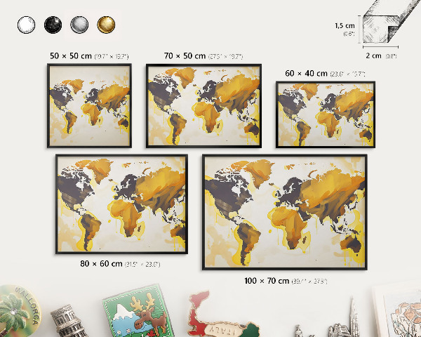 Tablero magnético impreso con marco en color negro Mapa del mundo
