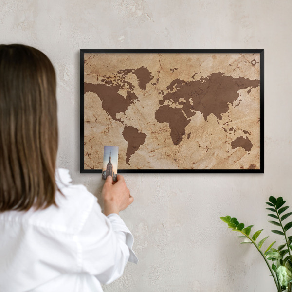 Tablero magnético impreso con marco en color negro Mapa del mundo