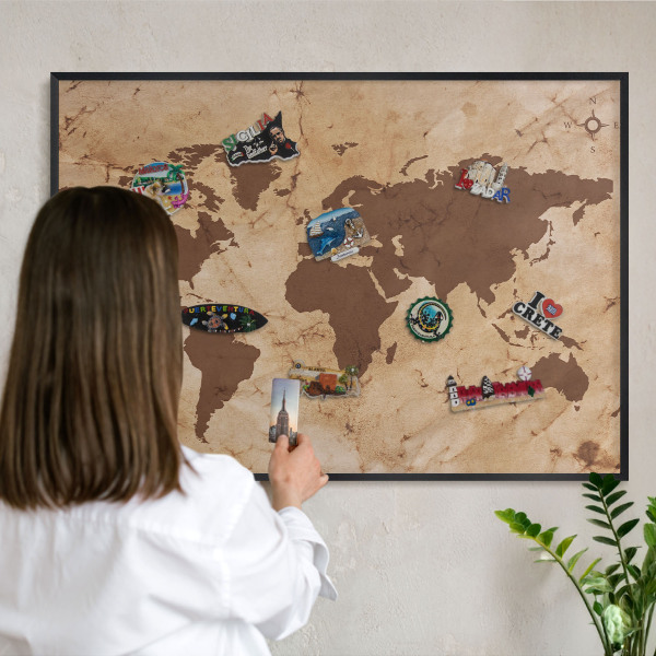 Tablero magnético impreso con marco en color negro Mapa del mundo