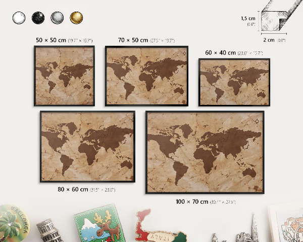 Tablero magnético impreso con marco en color negro Mapa del mundo
