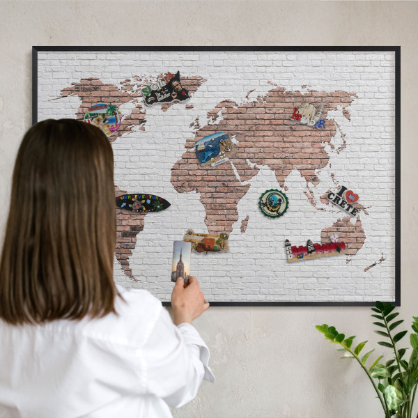 Pizarra magnética para colección de imanes con marco negro Mapa de ladrillos