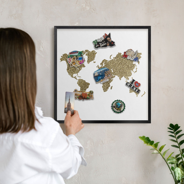 Pizarra magnética para colección de imanes con marco negro Mapa del mundo