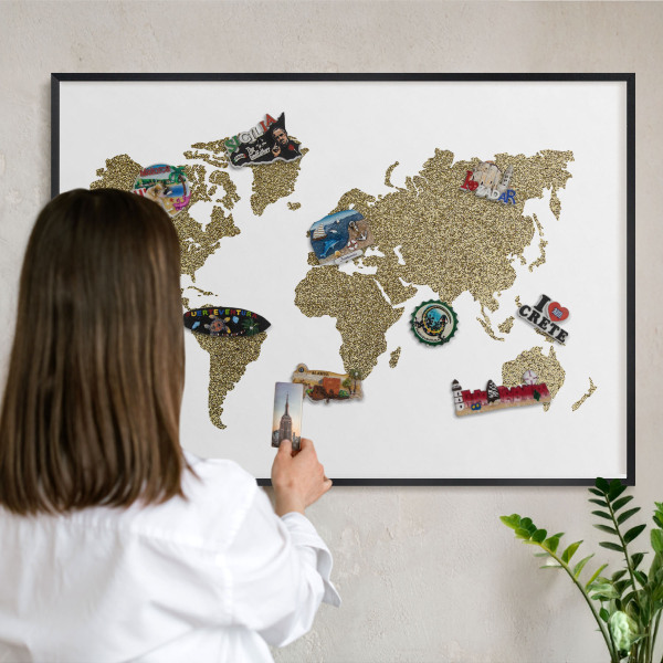 Pizarra magnética para colección de imanes con marco negro Mapa del mundo