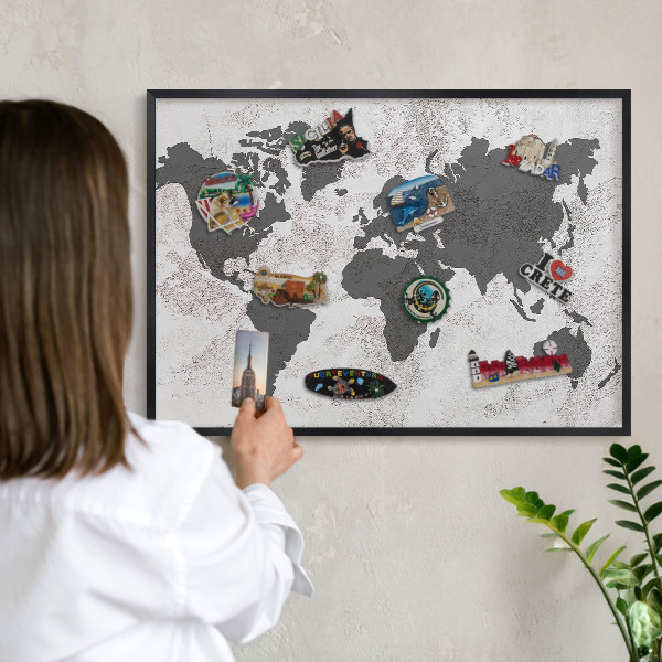 Tablero magnético impreso con marco en color negro Mapa del mundo