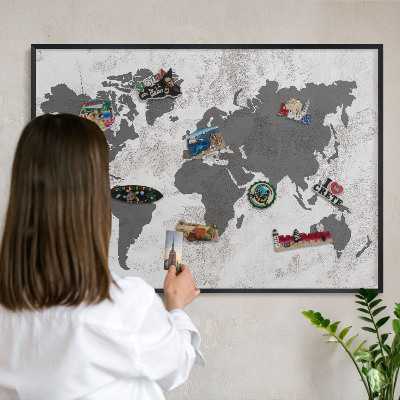 Tablero magnético impreso con marco en color negro Mapa del mundo