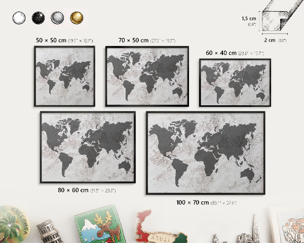 Tablero magnético impreso con marco en color negro Mapa del mundo