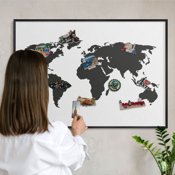 Tablero magnético impreso con marco en color negro Mapa del mundo