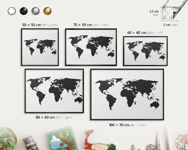 Tablero magnético impreso con marco en color negro Mapa del mundo