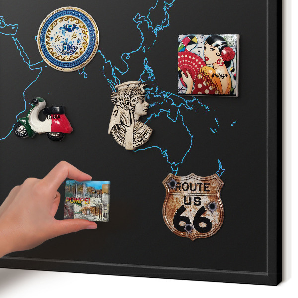 Pizarra magnética para colección de imanes con marco negro Mapa del mundo