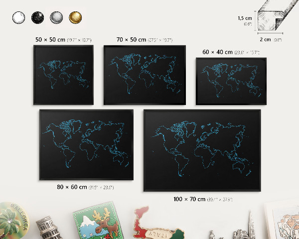 Pizarra magnética para colección de imanes con marco negro Mapa del mundo