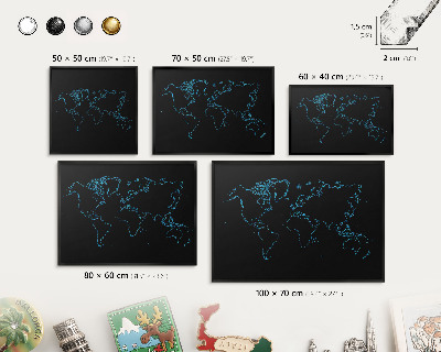 Pizarra magnética para colección de imanes con marco negro Mapa del mundo
