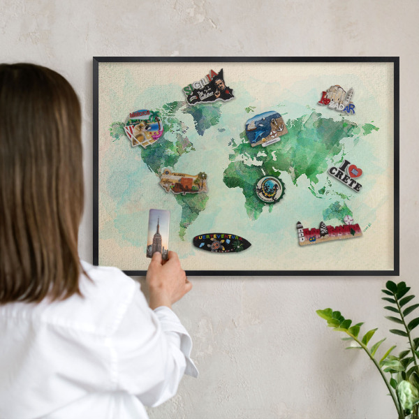 Pizarra magnética para colección de imanes con marco negro Mapa del mundo