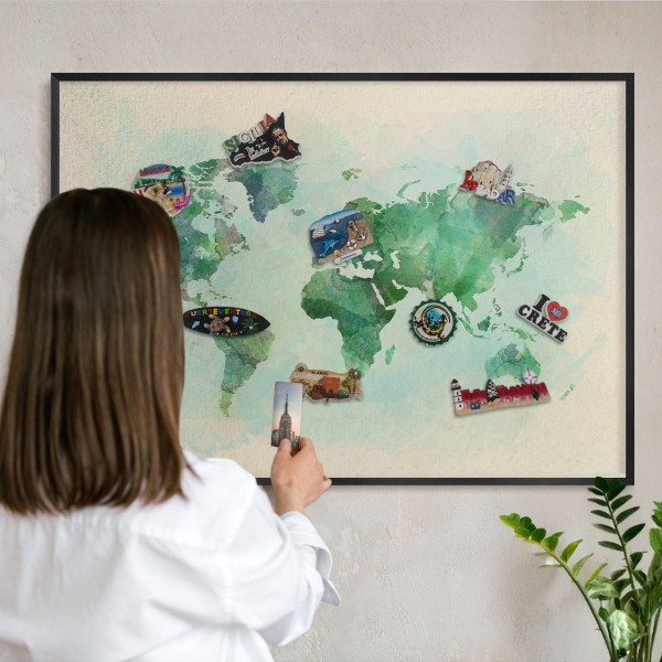 Pizarra magnética para colección de imanes con marco negro Mapa del mundo
